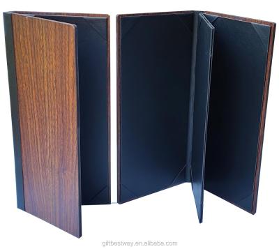 China PU Restaurant Menu Cover Wood Leather Printing , Hotel Menu Leather A4 Folder for sale