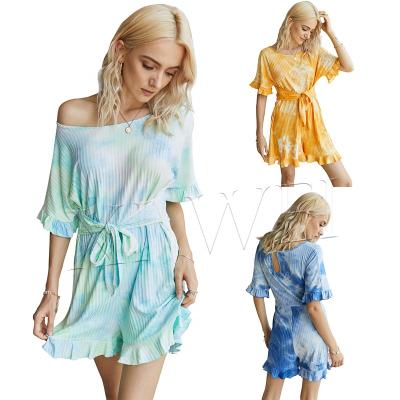 China 2021 High Quality Women Breathable Suit Breathable Ruffle Tie Dye Fashion Shorts Overalls Home Casual For Women for sale