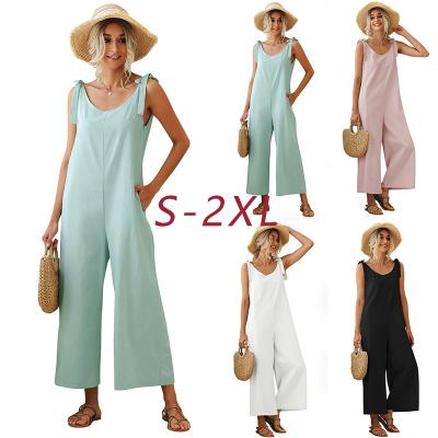 China 2021 Summer Fashion Pocket Breathable Side Bandage Solids Overalls For Women Women V-neck Sleeveless Overalls for sale