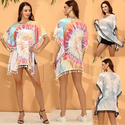 China 2021 Summer Breathable Knitted Bat Wholesale Progressive Splicing Women Beach Dye Tie Tassel Sleeve Breathable Beach Wear Blanket Throws for sale