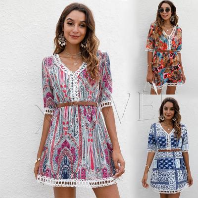 China 2021 New high quality women's polyester print dress fashion style patchwork lace dress casual ethnic women's retro anti-static anti-static for sale