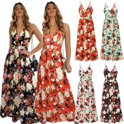 China Wholesale Breathable V-Neck Halter Flower Print Dress Knitted Spring/Summer 2021 New Maxi Women Dresses for sale