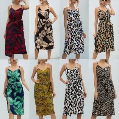 China 2021 Summer Fashion Halter Chiffon Breathable Leopard Print Leaf Print Breathable Warm Beach Slit Bohemian Casual Dress for sale