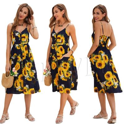 China 2021 Summer Women's Anti-Static Sunflower PRINT V-Neck Ornament V-Neck Cardigan Plus Size Suspender Bohemian Dress For Women for sale