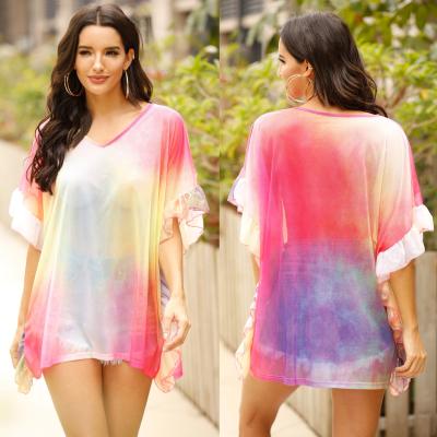 China Breathable Chiffon Tie Dye Print Splice Breathable Shorts Sheath Lotus Leaf Sleeves Loose Chiffon Blouses Beach Outfits Women Sun-protection for sale