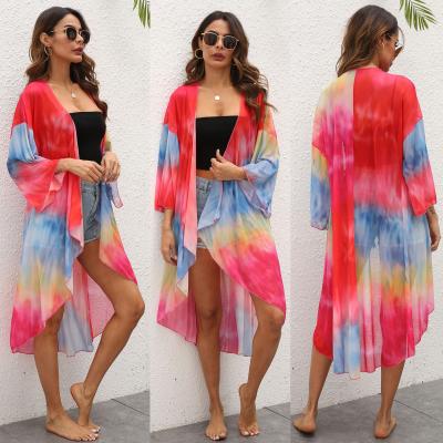 China 2021 Summer New Women's Breathable Breathable Gauze Dye Tiing Kimono Random Beach Color Draw Bikini Sunscreen Front Coat for sale