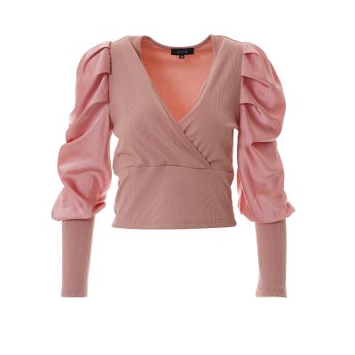 China New Ladies Deep Logo Breathable V-Neckline Custom Made Ruffles Long Sheath Elegant Sweet Criss Cross Solid Color Blouse Blusas Wind Spicy Top for sale