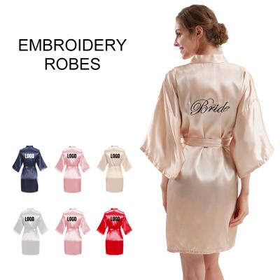 China 2022 Custom Logo Embroidery Silk Solid Color Cardigan Maid Of Honor Half Sleeve Wedding Dress Nightgown Breathable Women Pajamas for sale