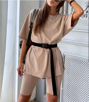 China MaSheng Breathable Custom Embroidered Logo Solid Color T-shirt Shorts Beige Loose Summer Two Piece Pants Set for sale