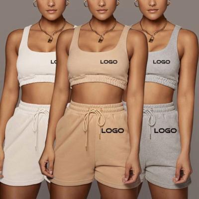 China Dropshipping QUICK DRY LOGO Custom Women Cropped Belly Button Vest Lace Up Shorts Suit Cotton Two Piece Pants Set For Casual Crop Top Joggers for sale