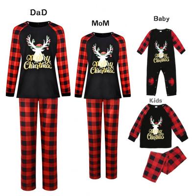 China New Masheng Design Christmas Pajamas Red+Black QUICK DRY Plaid Kids Bronzing Reindeer Print Baby Romper Suit Women Sleepwear Pajamas for sale