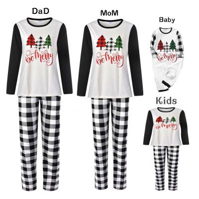 China 2022 QUICK DRY Masheng Christmas Family Sleepwear Suit Tree Print Tops Cartoon Kid Pajamas Sets With Black And White Plaid Pants Set for sale