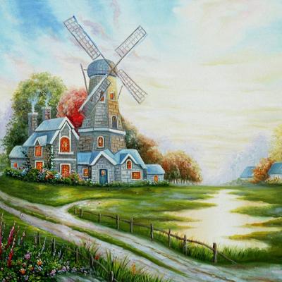 China Modern DIY Digital Painting Windmill Landscape Drawing Hand Painted Home Decoration Gift Landscape Drawing for sale