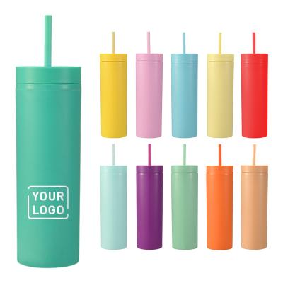 China Sustainable Hot Sale Custom Reusable Double Wall Straight Beverage Tumbler Shape Lean Plastic Tumbler With Lid And Straw for sale