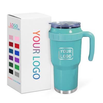 China Customized Stainless Steel Vacuum Insulated 40oz Travel Mug Tumbler With Handle Straw Viable Lid Reduces for sale