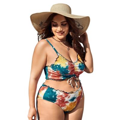 China High Quality Plus Size Drawstring Tie Dye Plus Size Bikini Slit Top Swimsuit for sale