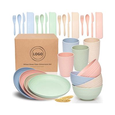 China Sustainable Reusable Biodegradable Free Eco-Friendly Wheat Straw Tableware Dinnerware Set 28pcs BPA Cutlery Dish Bowl Set for sale