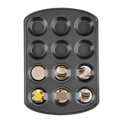 China Gifts Kitchen Non Stick Black 12 Hole Round Shape Mini Cake Pan Cupcake Baking Pan for sale