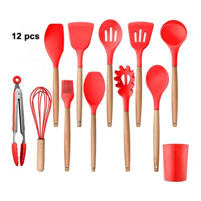 China Viable 12 Pieces In 1 Silicone Cookware Kitchen Accessories Silicone Kitchenware Set With Wooden Handle for sale