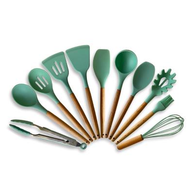 China Viable Silicone Kitchenware Set 12 Pieces Cocina Spatula Spoon Silicone Cookware Sets With Wooden Handle for sale