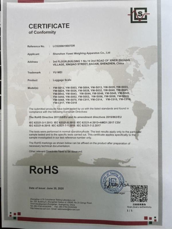 RoHS - Shenzhen Yuwei Weighing Apparatus Co.,ltd