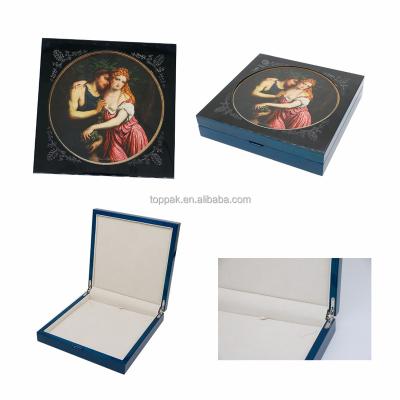 China Biodegradable hot sale high finish wedding photo insert blue glossy lacquer wooden jewelry box for sale