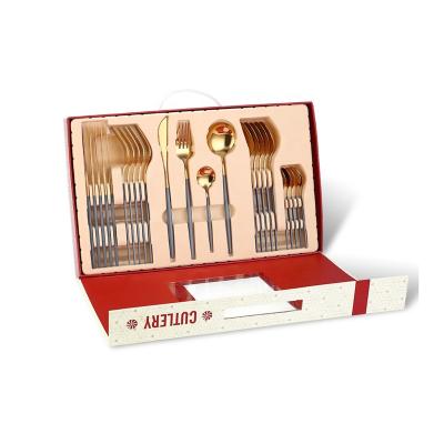 China Amazon Sustainable Hot Selling 24pcs Gold Cutlery Set Stainless Steel Flatware Set 24 With Gift Box For Christmas for sale