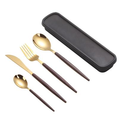 China Sustainable Eco - Friendly Portable Utensils Set Stainless Steel With Wooden Handle Cutlery Set And Lunch Box for sale