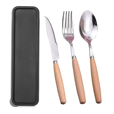 China Sustainable Eco-friendly Portable Utensils Set With Case, 3pc Stainless Steel And Natural Wood Fork, Spoon, Knife Cutlery With Lunch Box for sale