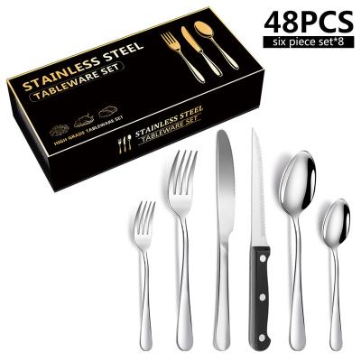 China Sustainable Luxury Gold 48pcs Stainless Steel Cutlery Set Flatware Sets With Steak Knives for sale