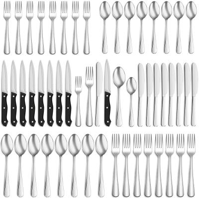 China Hot Selling Viable Amazon 48pcs Silverware Set With Steak Knives For Dishwasher Safe Food Grade Cutlery Stainless Steel 8 Flatware Set for sale