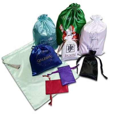 China Custom Logo Printed Satin Underwear Lingerie Dust Bag Pouch Custom Drawstring Gift Soft Satin Hair Bag for sale