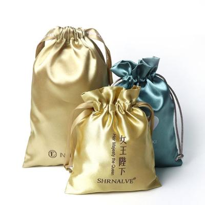 China Custom Gift Fashion Logo Print Pink Gold Silver Black Drawstring Hair Extension Packaging Satin Bags Hair Silk Bags For Package for sale