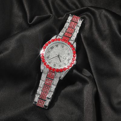 China Popular Hip Hop Luxury Ins Auto Date Iced Out Big Dial Bling Round Rhinestone Watch Red Quartz Diamond Watch For Men for sale