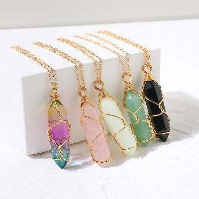 China Natural Casual Gemstone Point Lucky Stone Necklaces Crystal Wire Wrapped Necklaces Stone Chakra For Women Men for sale