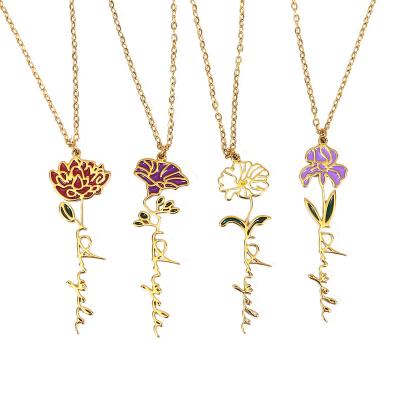 China Gold Custom Flower Month Birthday Necklace Wax Drop Hiphop New Name Floral Pendants Necklaces For Mother Gift for sale