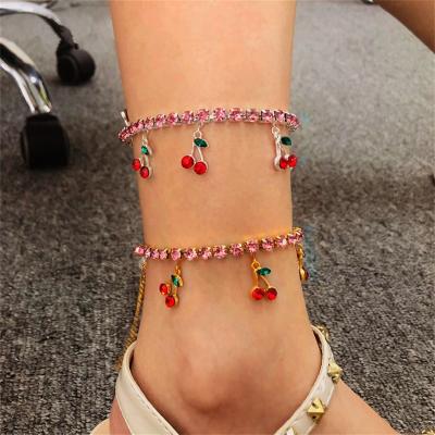 China Other Cute Cherry Rhinestone Crystal Tennis Chain Tennis Anklet Gold Plated Diamond Choker Anklet For Girls for sale