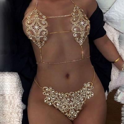 China Sexy Bikini Luxury Shiny Rhinestone Tassel Underwear Panties Women Jewelry Body Chain Set for sale