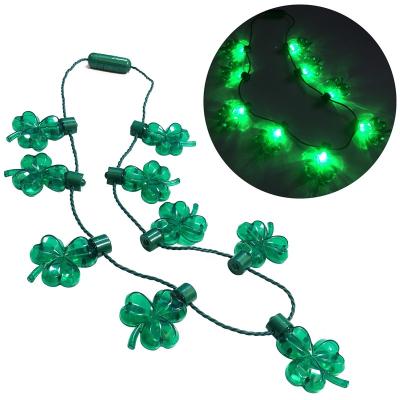 China New Style Plastic PS Festival Irish St Patrick's Day Led Clover Necklaces Shamrock Beads String Led Flashing Necklace for sale