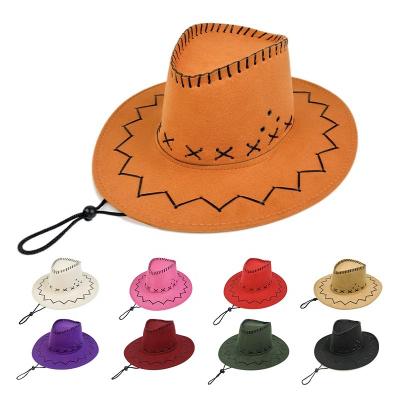 China Unisex Adult Wide Cowboy Hat With String Plain Brim Western Men's Suede Loose Casual Hats Wholesale for sale