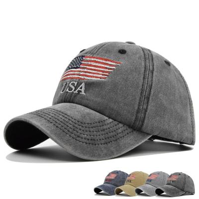 China Wholesale COMMON Vintage Flat Washed Brim Curved Baseball Cap Embroidery USA American American Flag Dad Hat Men for sale