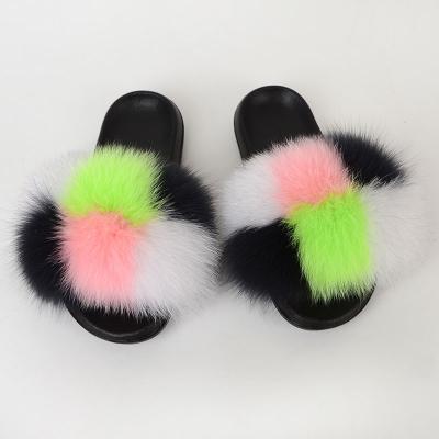 China Factory wholesale mixed color fur CUSHIONING slips real fox fur non-slip slippers for kids for sale