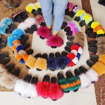 China CUSHIONING Women's Slippers Raccoon Fox Fur Slippers For Women Kids Fur Slippers for sale