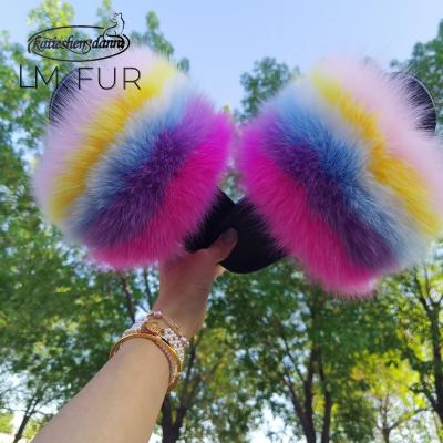 China CUSHIONING Raccoon Fox Fur Slippers For Women Real Fox Fur Slippers Sliders for sale