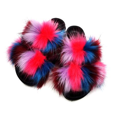 China Hot Custom Made Custom Two Straps Fashion Trend Fur Slides Colorful Fur Women's Hairy Fox Slippers for sale