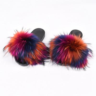 China CUSHIONING real custom real raccoon fur pure or mixed color kids slippers fox fur slippers for kids for sale