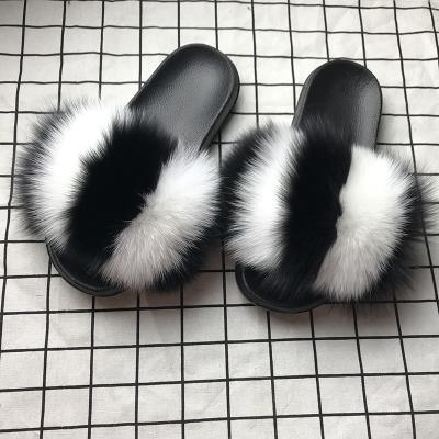 China Fashion CUSHIONING Plus Size Real Fox Fur Multi Striped Women Fluffy Color Home Slides Slippers for sale