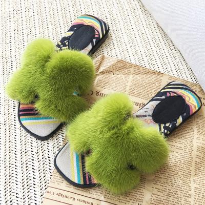 China Fashion Trend True Mink Fur Luxury Indoor Slippers Wholesale For Women Fur Slides Madame Sandals for sale