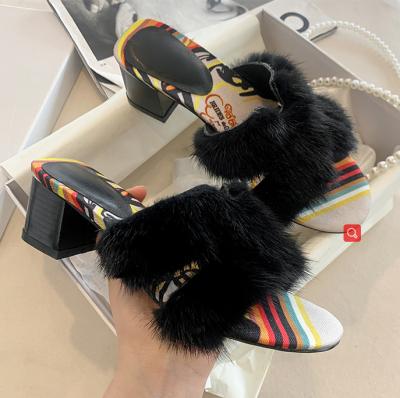 China CUSHIONING Luxury Fur Heels Custom Women Mink Fur High Heels Slippers Slippers for sale