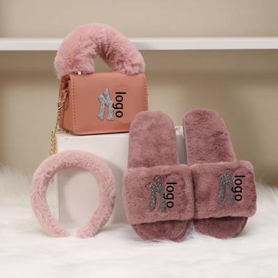 China High Quality Fashion NY Furry Fur Clips Women Handbags Slippers Hairy Headband Set Fur Ny Slippers And Purses Set for sale